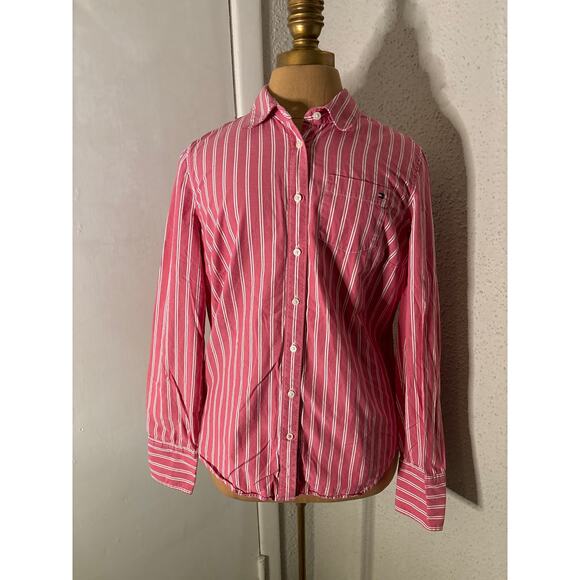 Tommy Hilfiger Women's Red Striped Button Down Shirt M Classic Preppy Cherrygirl - Picture 1 of 12